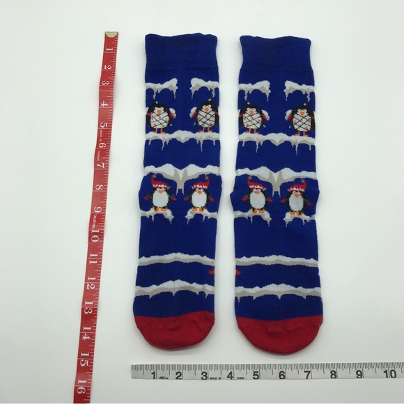 Blue Christmas Penguin Crew Socks Unisex Santa Hat Snow Winter Patterned Cute - Picture 4 of 8